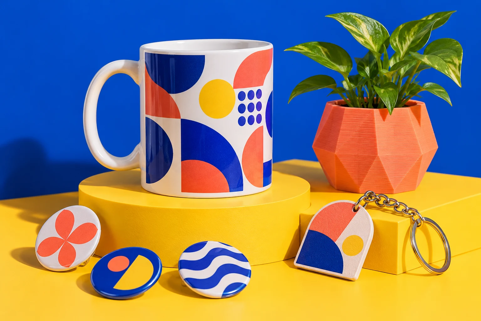Ejemplos ilustrativos: taza con diseño colorido, pines y maceta impresa en 3D